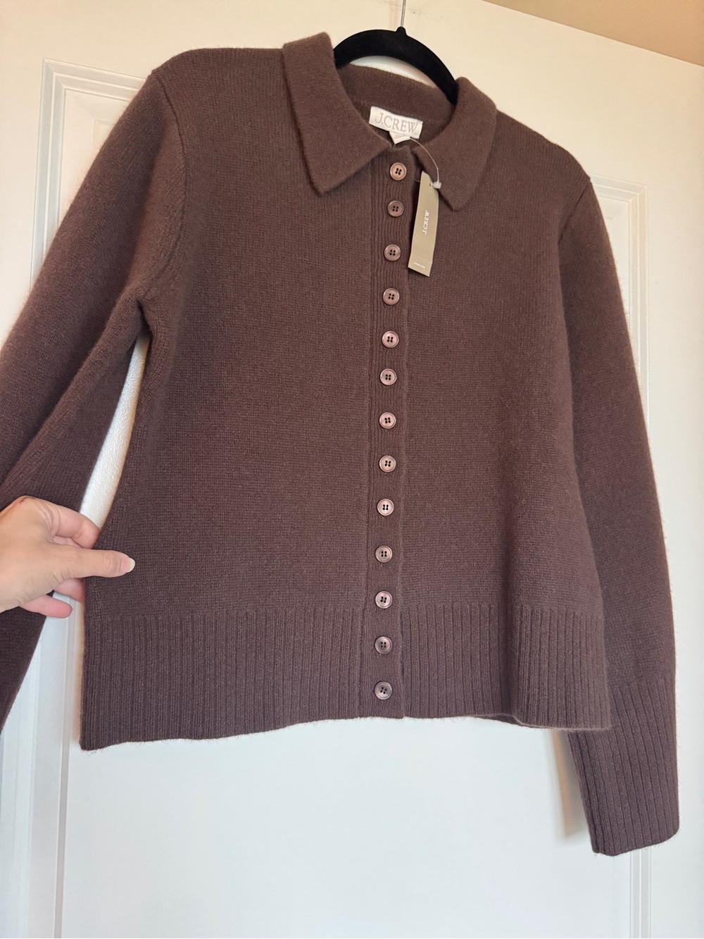 NWT J. CREW Milano-stitch cinched-waist cardigan chocolate cocoa 100% lambswool - Picture 5 of 13